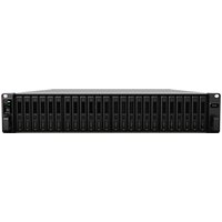 Black Synology FlashStation FS3600 NAS server, 2U rackmount, with multiple front drive bays and power buttons.