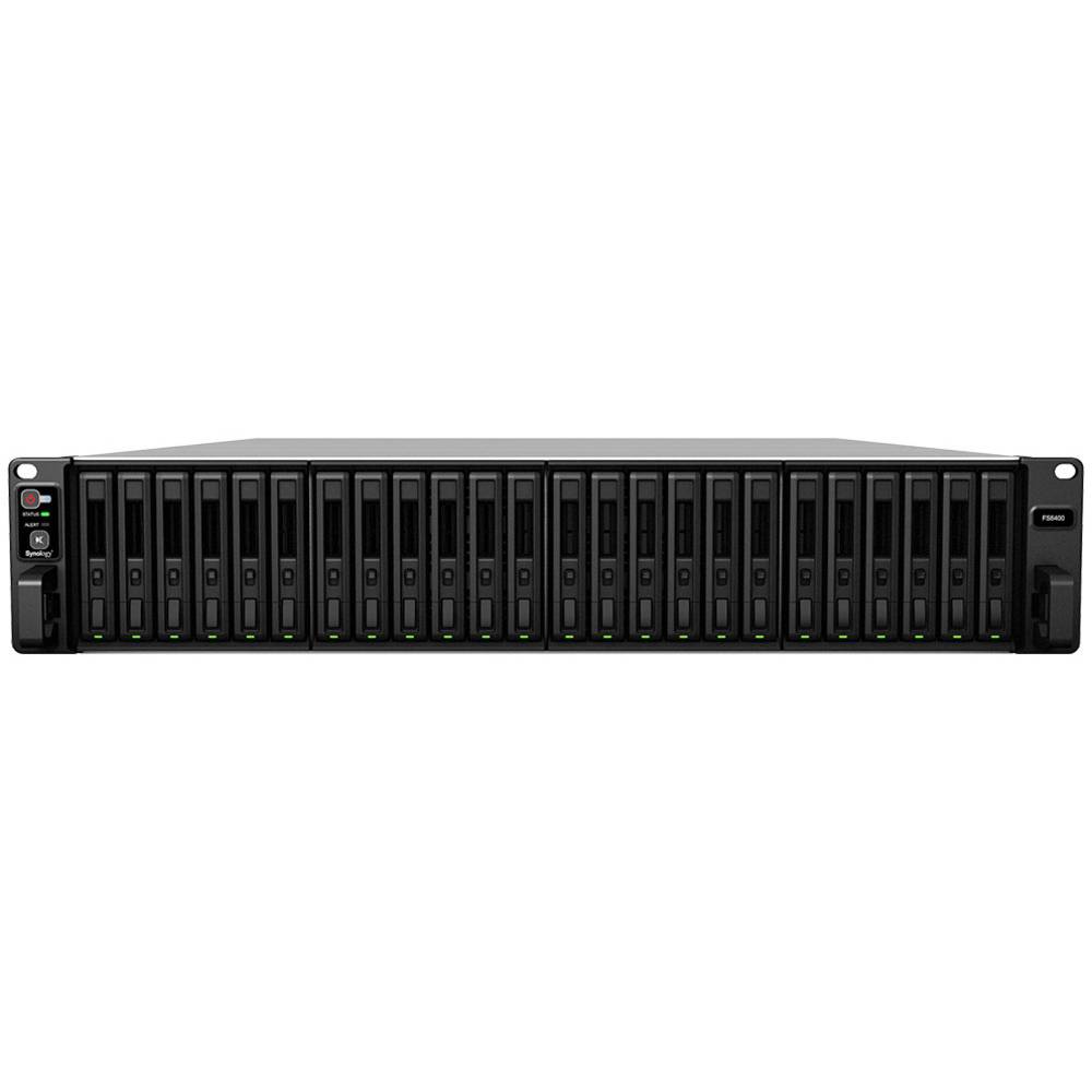 Black 2U Synology FS6400 NAS/storage server with 24 drive bays, Intel® Xeon® 4110 processor, and 32 GB RAM, featuring a sleek design and LED indicators for drive status.