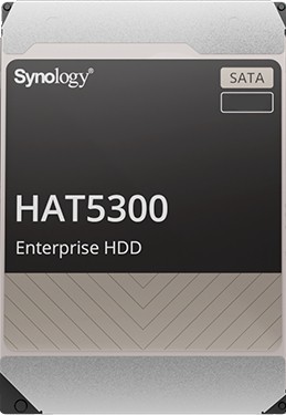 Synology HAT5300 8 TB internal hard drive features a sleek silver and black design, 7200 RPM speed, 256 MB cache, and a 3.5" SATA interface for enterprise use.