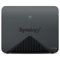 Black Synology MR2200AC wireless router with dual-band capability, green LED indicator, and textured base.