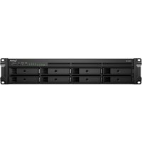 Black Synology RackStation RS1221RP+ 2U NAS server with Ryzen V1500B, 4 GB DDR4, eight drive bays, and LED indicators.