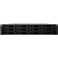 Black Synology RackStation RS3618xs NAS Rack, 2U size, with 12 drive bays, front control panel, and sleek design.
