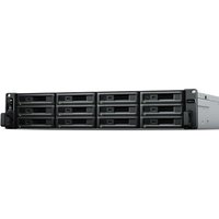 Black Synology RackStation RS3621XS+ 2U NAS server with 12 drive bays, sleek front panel, and Intel Xeon D-1541 processor.