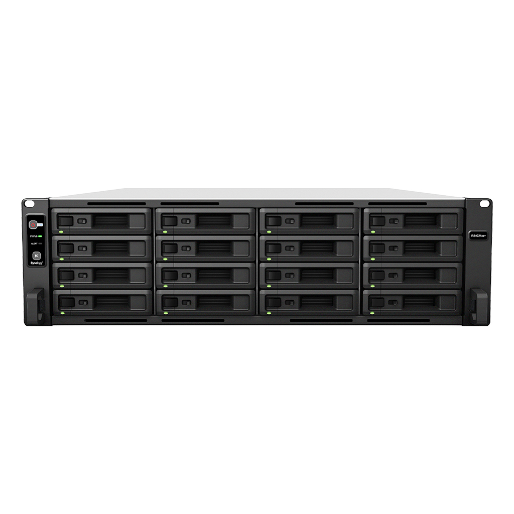 Black Synology RackStation RS4021xs+ NAS with a 3U form factor, featuring multiple drive bays, LED indicators, and a sleek, sturdy design for efficient data storage.