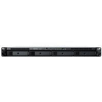 Black Synology RackStation RS422+ NAS Rack (1U) with four drive bays, LED indicators, and ventilation slots.