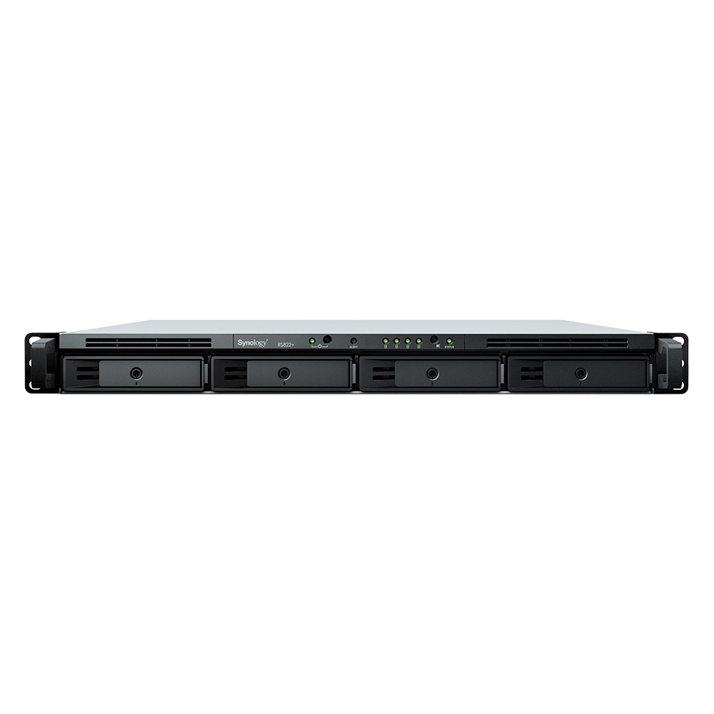 Black metal NAS unit with a sleek design, featuring four drive bays, LED indicators, and ventilation grilles, designed for rack mounting.