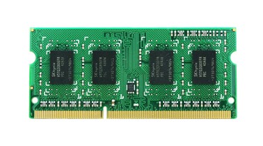 Green circuit board with two 4GB DDR3L memory modules, featuring black memory chips and gold connectors, labeled for Synology RAM1600DDR3L-4GBX2, 1600 MHz.