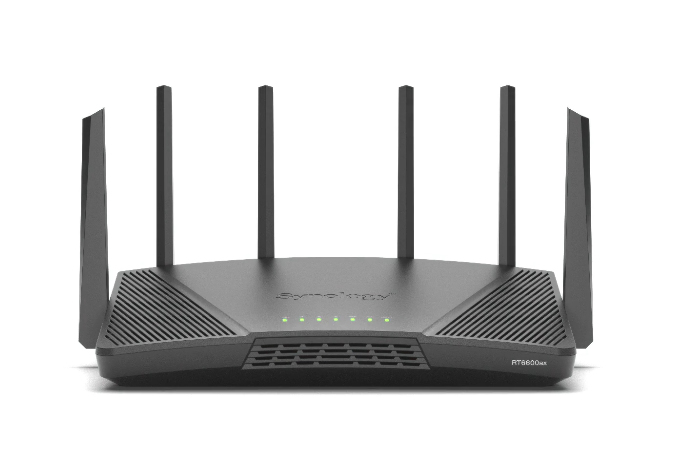 Black Synology RT6600ax Tri-Band Wi-Fi 6 router with a sleek design, featuring five adjustable antennas, LED indicators, and a textured surface for enhanced performance.