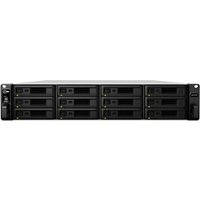 Black Synology RX1217 2U rack disk array with 12 drive bays and sleek front panel design.