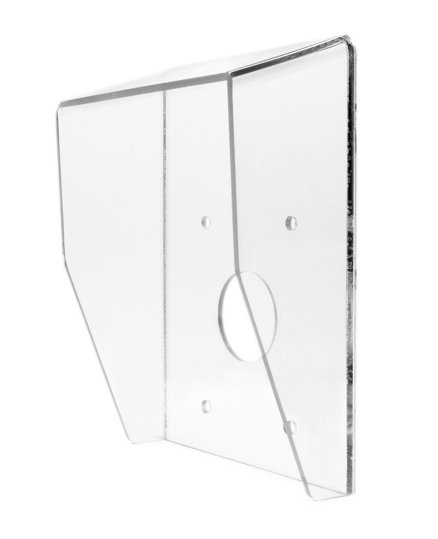 Clear acrylic hood with a geometric design, featuring a circular cutout in the center and two mounting holes, designed for the SystemHouse Solutions Weher Hood XCR-SD G2.