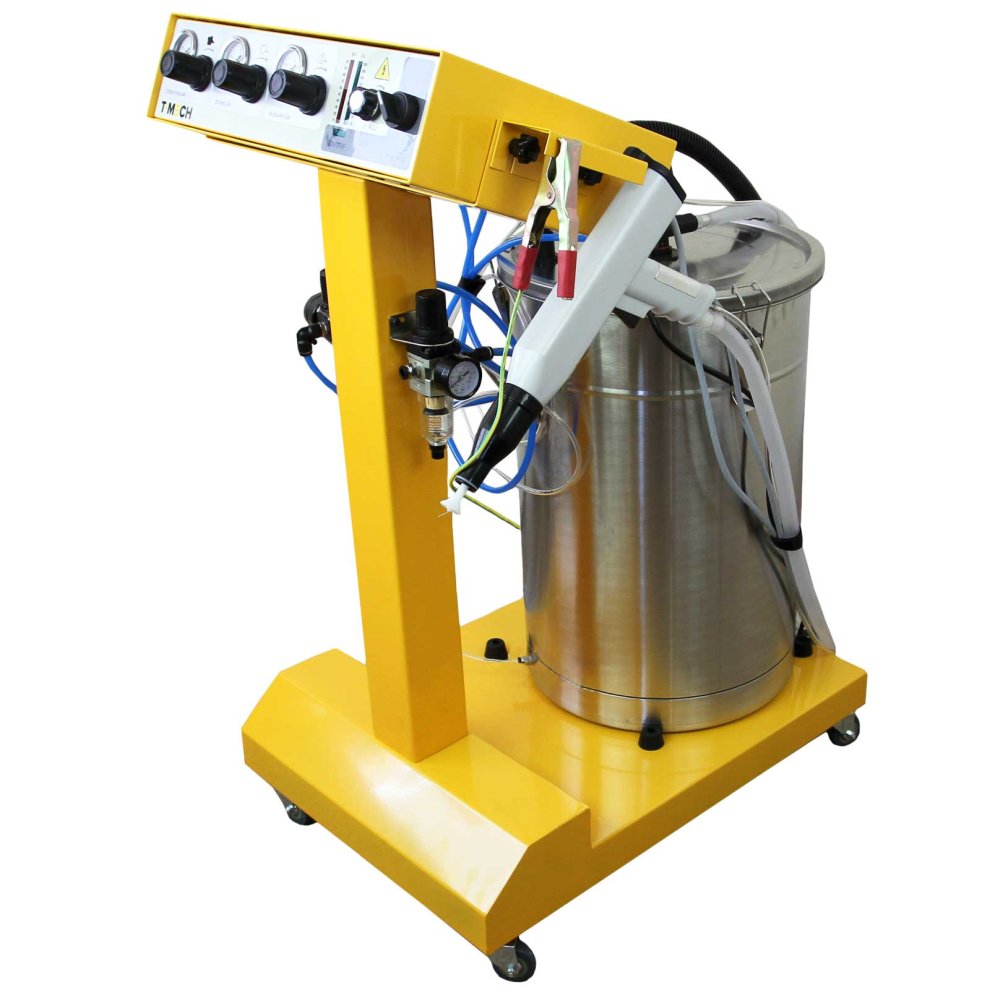 Yellow electrostatic powder coating machine with a stainless steel 45L container, featuring control knobs, hoses, and a spray gun attachment for industrial use.