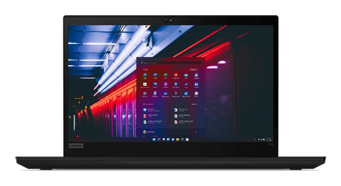 Lenovo ThinkPad T14 Gen 1 laptop featuring a 14" Full HD display, Intel Core i5 processor, 16 GB DDR4 RAM, 256 GB SSD, and Windows 11 Pro, with a sleek black design.