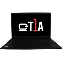 Black Lenovo ThinkPad X1 Carbon 9 Gen laptop, open with T1A logo on screen, featuring a sleek design and backlit keyboard.
