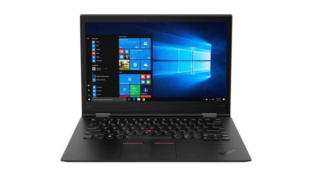 Lenovo ThinkPad X1 Yoga (3rd Gen) in black, featuring a 14-inch touchscreen display, backlit keyboard, and Intel® Core™ i7 processor, running Windows 10.