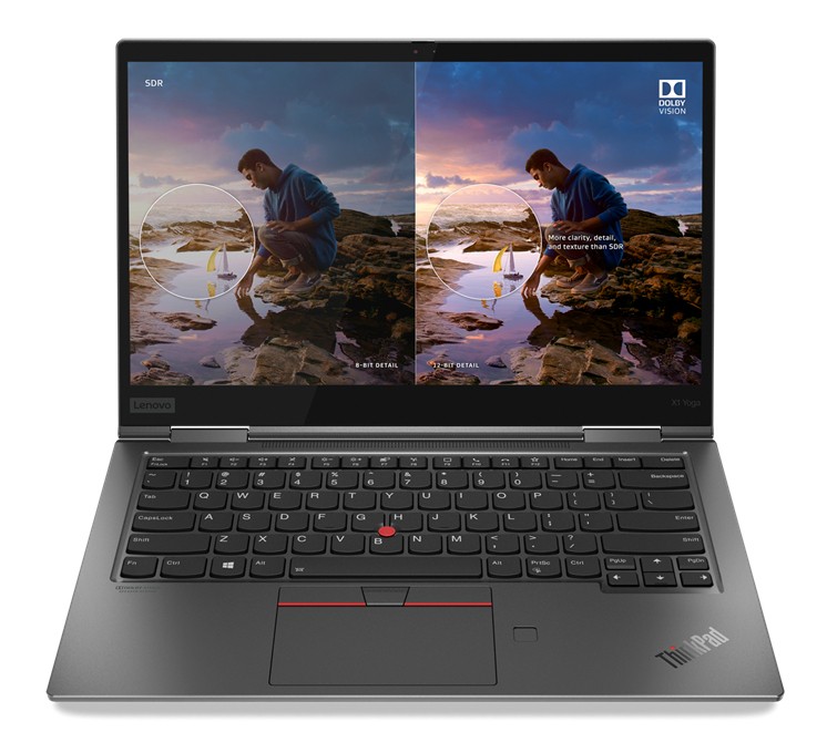 Lenovo ThinkPad X1 Yoga Gen 5 in black, featuring a 14" Full HD touchscreen, Intel Core i5 processor, 16 GB RAM, and 512 GB SSD, with a sleek, ultraportable design.