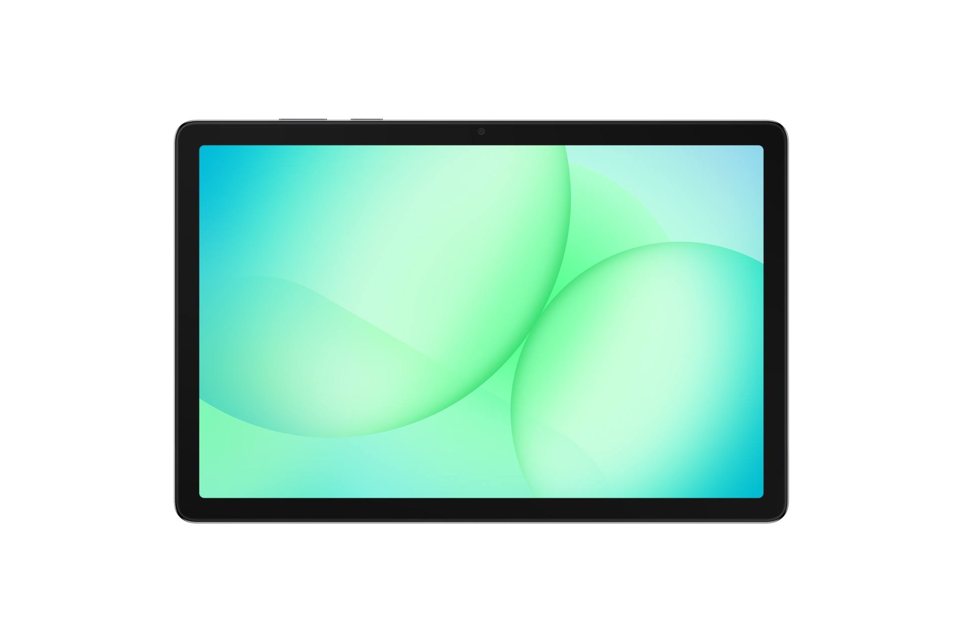 Samsung Galaxy Tab A11+ in gray features a sleek design with an 11-inch vibrant display showcasing a soft green gradient background.