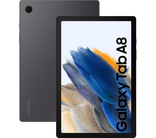 Samsung Galaxy Tab A8 in grey, featuring a 10.5-inch display, sleek design, and 32GB storage capacity, showcasing vibrant colors on the screen.
