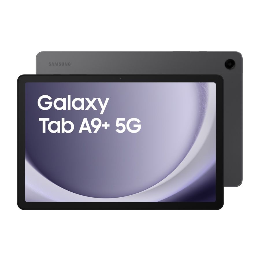 Samsung Galaxy Tab A9+ 5G in graphite color, featuring an 8-inch display, 128GB storage, and sleek design with rounded edges and a rear camera.