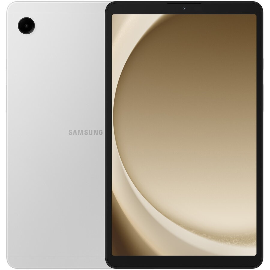 Samsung Tab A9 Wifi X110 in silver, featuring a sleek design, a large touchscreen display, and a minimalist rear camera, with 128GB storage capacity.