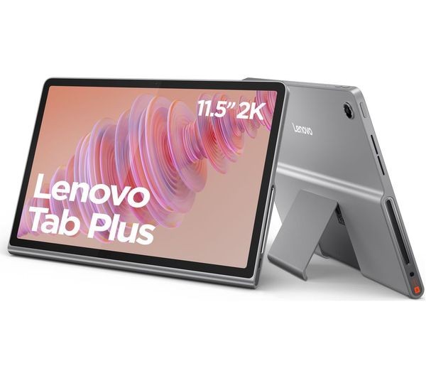 Lenovo Tab Plus 11.5" in Luna Grey features an 8GB RAM and 256GB storage, showcasing a sleek design with a vibrant display and a built-in stand for versatile use.