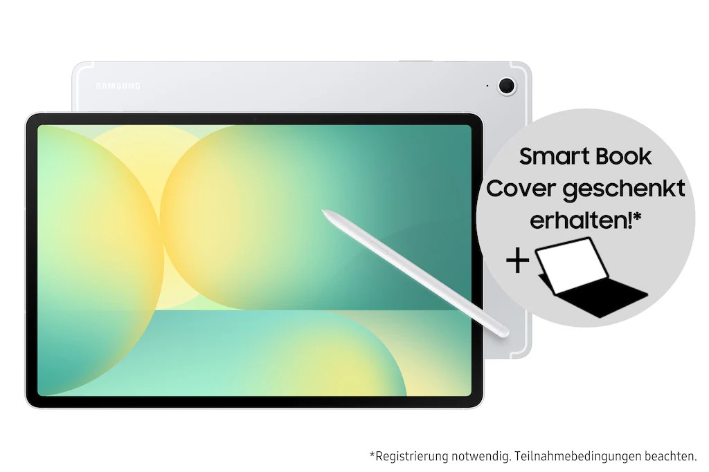 Samsung Galaxy Tab S10 FE+ in silver with a large WUXGA+ display, stylus, and a promotional note for a complimentary Smart Book Cover.