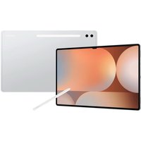 Samsung TAB S10 Ultra tablet in platinum silver, large display, dual rear cameras, and stylus pen.