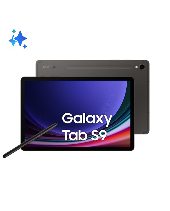 Samsung Galaxy Tab S9 in graphite color features a sleek design, a vibrant display with "Galaxy Tab S9" text, and includes a stylus for enhanced functionality.