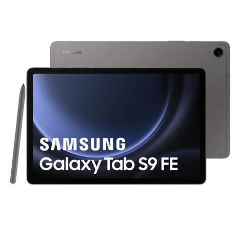 Samsung Galaxy Tab S9 FE in grey, featuring a 10.9-inch display, 5G capability, 6GB RAM, and 128GB storage, with a stylus pen beside it.