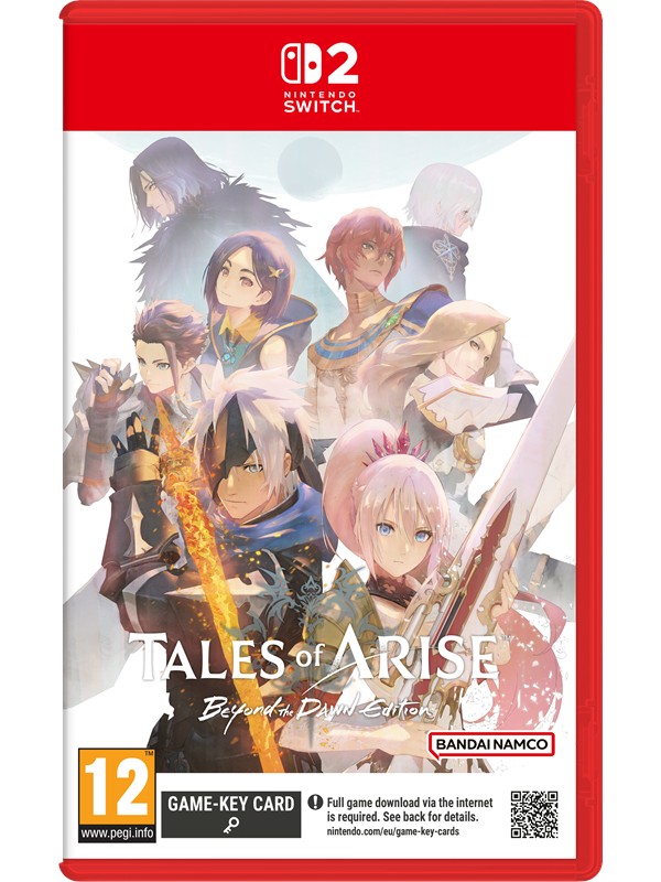 Tales of Arise - Switch 2 game case featuring vibrant character art with a mix of blue, red, and white hues, set against a striking background, and a red border with game details.