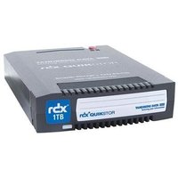 Black Tandberg RDX 1.0TB cartridge with blue label, ribbed edges, and white branding on the front.