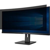 Curved Targus 4Vu 34" monitor with black frame, privacy screen, and sleek rectangular stand.
