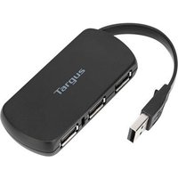 Black Targus USB 2.0 hub with four ports and attached short cable.