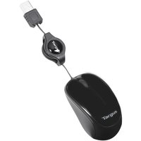 Black Targus ambidextrous travel mouse with retractable USB Type-A cable and blue trace technology, 1000 DPI.