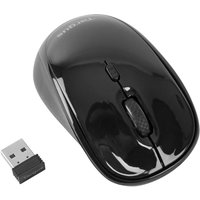 Black Targus wireless mouse with glossy finish, scroll wheel, and USB receiver.