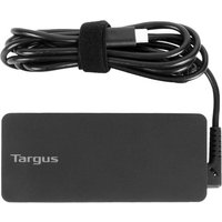 Black Targus APA107EU power adapter, rectangular with logo, attached cable neatly coiled, 65W capacity.