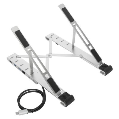Silver Targus laptop stand with adjustable height, featuring rubber grips for stability and a USB cable for connectivity, designed for laptops up to 15.6 inches.