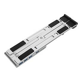 Silver portable stand with integrated USB-A hub, featuring a sleek design, rubber grips for stability, and multiple USB ports for connectivity.