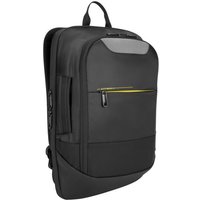 Black Targus CityGear 15.6" backpack with yellow zipper accent, padded straps, and multiple compartments.