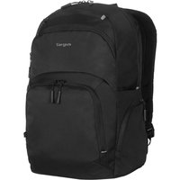 Black Targus EcoSmart backpack with multiple zippered compartments and padded shoulder straps.