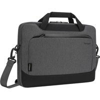 Grey Targus Cypress EcoSmart 14" briefcase with black accents, front zip pocket, handles, and detachable shoulder strap.
