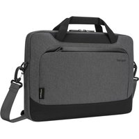Grey Targus Cypress EcoSmart briefcase with black accents, front zip pocket, dual handles, and detachable shoulder strap.