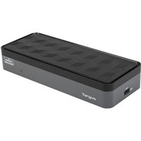Black Targus laptop dock with textured top, multiple ports, and sleek rectangular design.