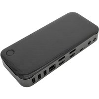 Black Targus laptop dock with multiple USB ports, HDMI, Ethernet, and audio jacks on a sleek rectangular design.