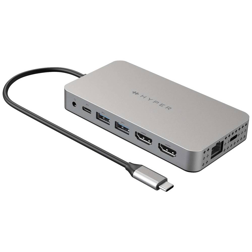 Stainless steel laptop dock with a sleek design, featuring multiple USB 3.2 ports, HDMI outputs, Ethernet port, and a Type-C connector cable.