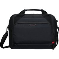 Black Targus EcoSmart 14" briefcase with red accents, padded handles, front zip pocket, and adjustable shoulder strap.