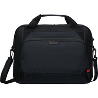 Black Targus EcoSmart 16" briefcase with padded handles, front zip pocket, and red accent.