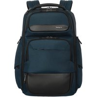 Blue Targus HeritageLuxe travel backpack with multiple zippered compartments and black accents, made of polyester.