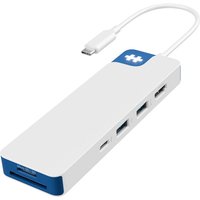 White Targus HyperDrive Wired Dock with USB-C connector, multiple USB ports, and blue accents on edges.