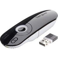 Black and grey Targus wireless laser presentation remote with USB receiver, ergonomic design, and control buttons.