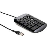 Black and grey Targus numeric keypad with USB cable, featuring 18 keys and a sleek design.